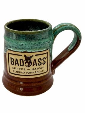Hand Made Bad Ass Coffee of Hawaii Ceramic Pottery Mug Brown Grey Fox